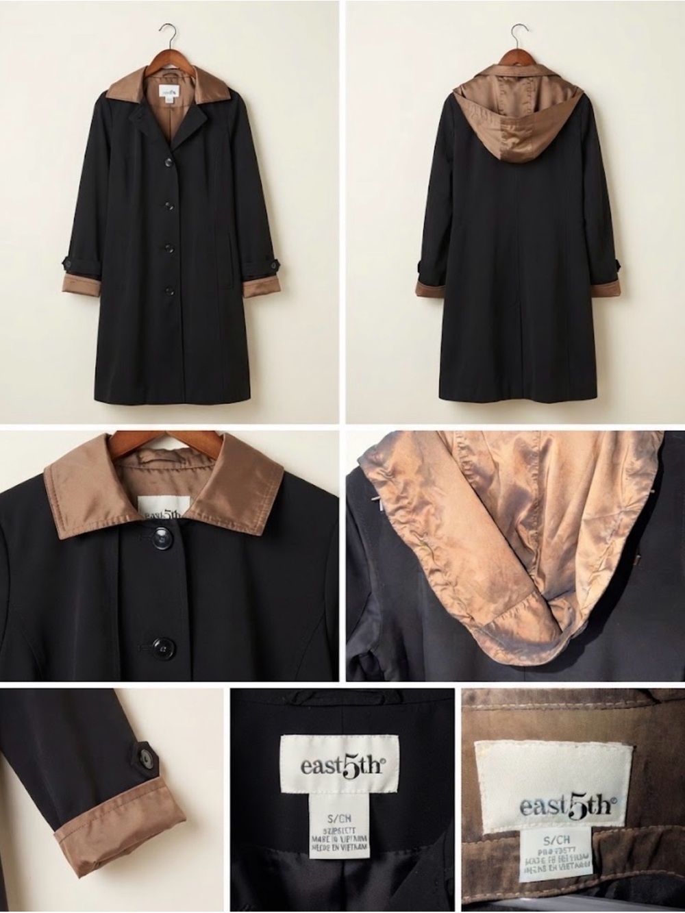 East 5th Black Trench Coat with Taupe Contrast Hood & Collar